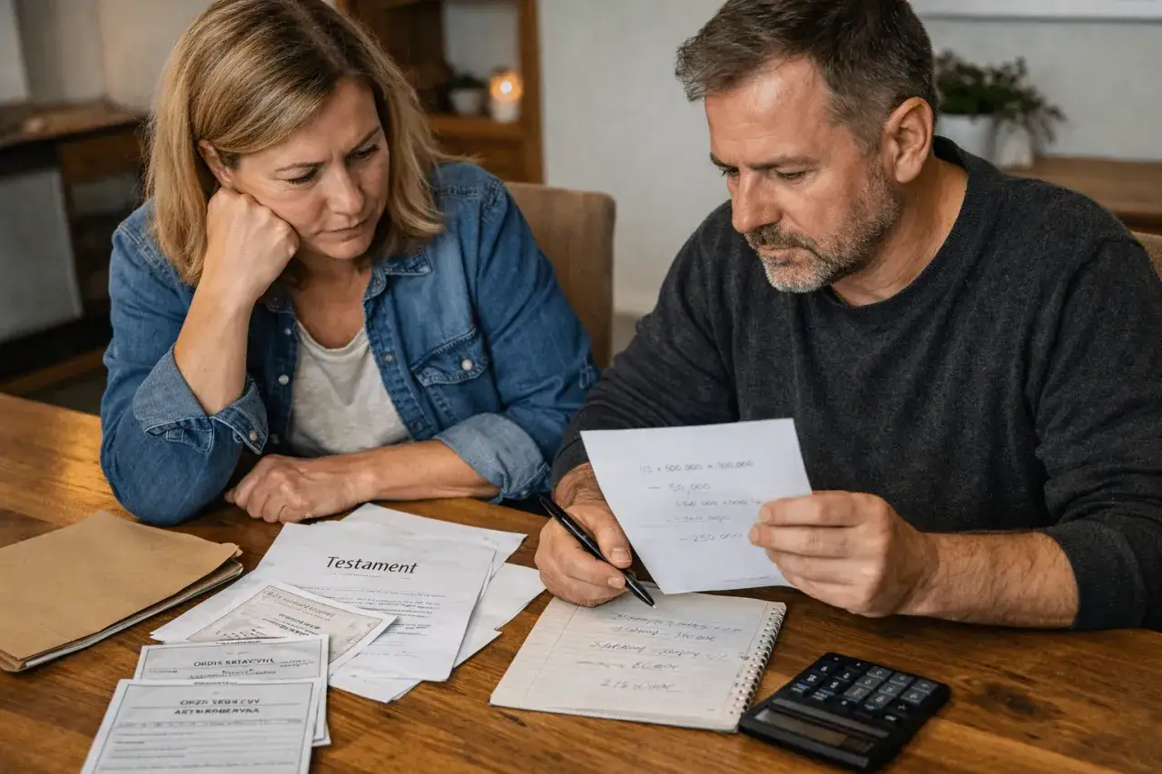 Para, analizując dokumenty i notatki, ustala, kto dziedziczy po zmarłym. Na stole leży testament.