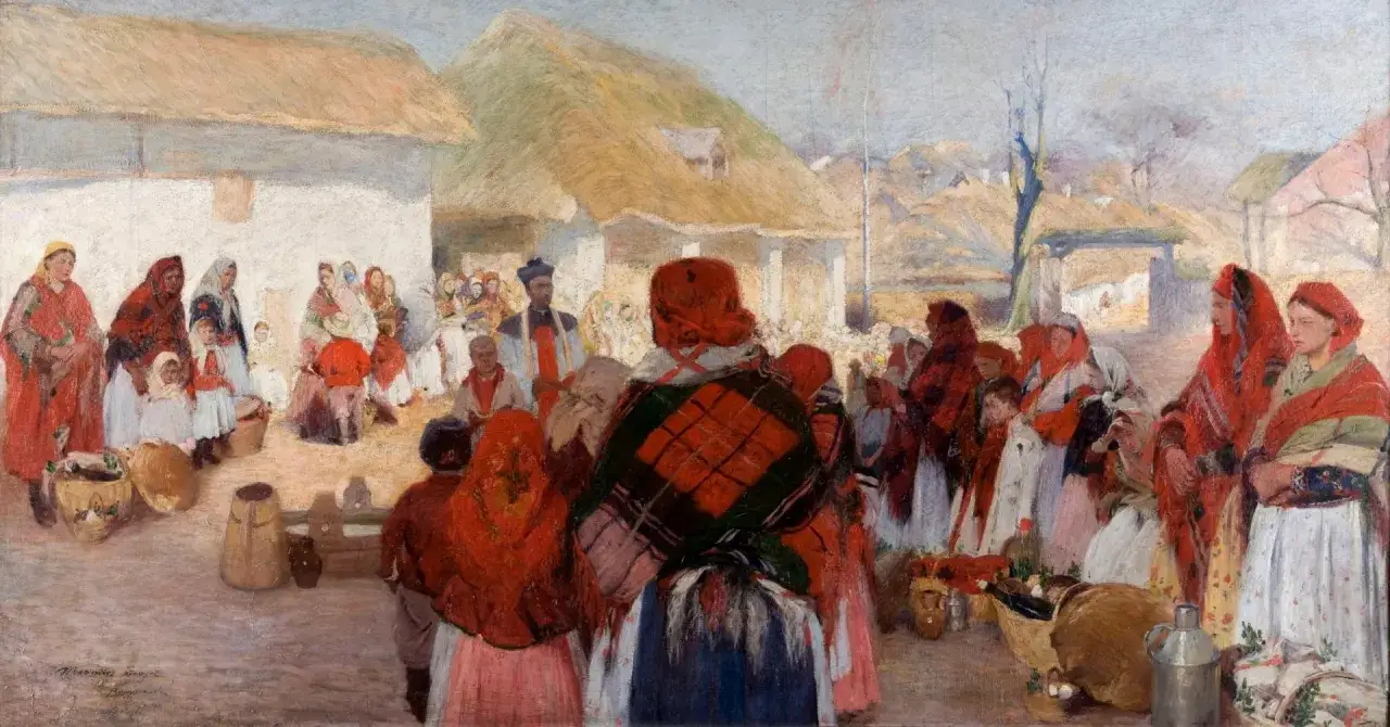 Scena z życia chłop&oacute;w, gdzie tradycja i koloryt tworzą obraz mitologizacji w chłopach. Ludzie w barwnych strojach, kobiety z chustami na głowach, dzieci, wiejskie chaty.