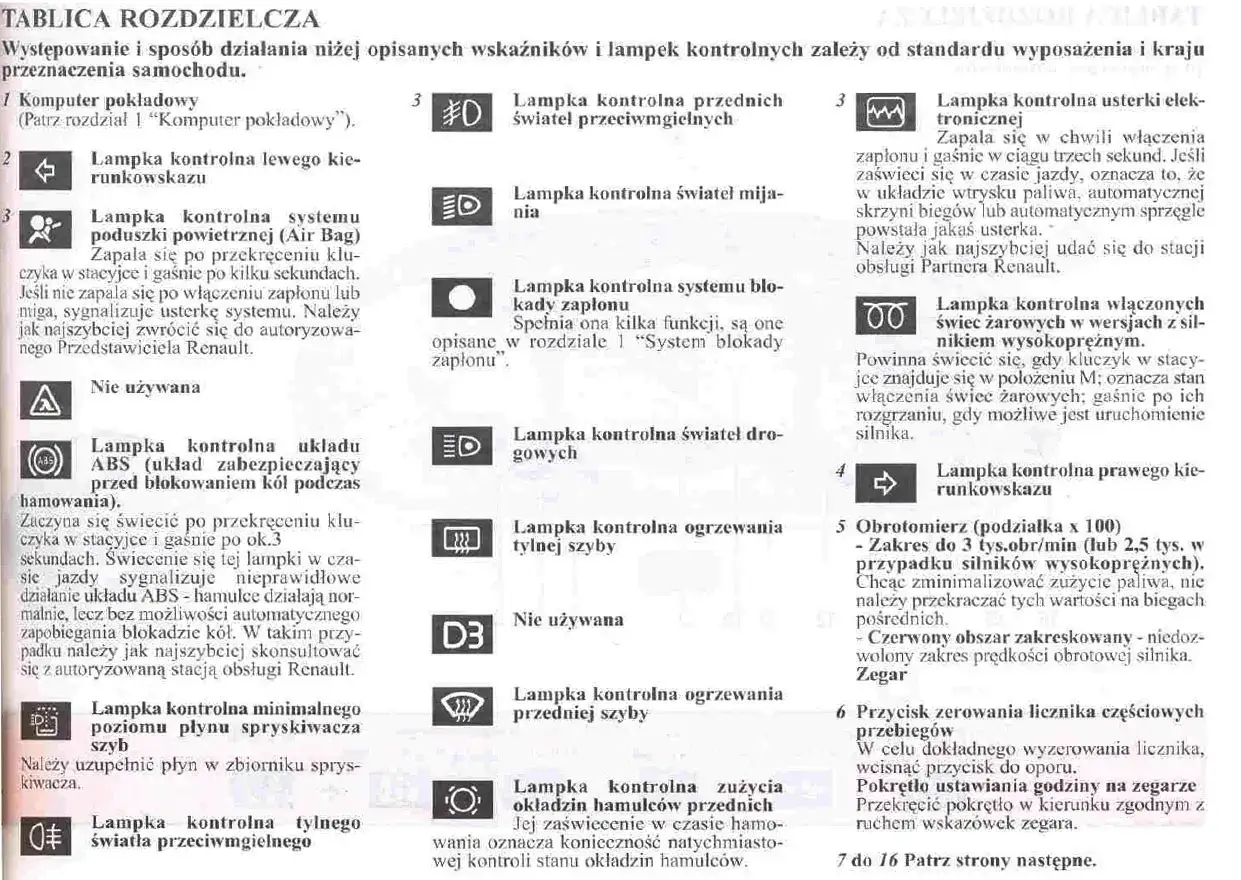 Opis kontrolek Renault Master 3: wskaźniki kierunkowskazów, poduszki powietrznej, ABS, świateł, ogrzewania szyb, usterki elektronicznej, świec żarowych, obrotomierz.