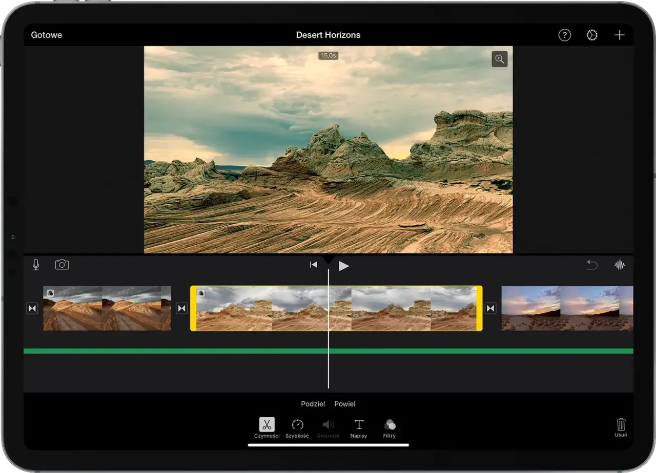 Interfejs iMovie na iPhone z otwartym projektem i osią czasu