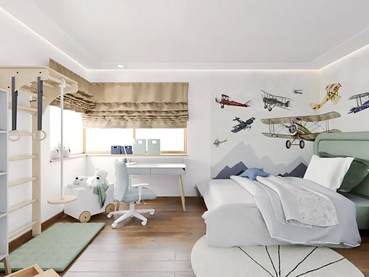Pok&oacute;j 14 latka z motywem samolot&oacute;w na ścianie, ł&oacute;żkiem, biurkiem i drabinką gimnastyczną.