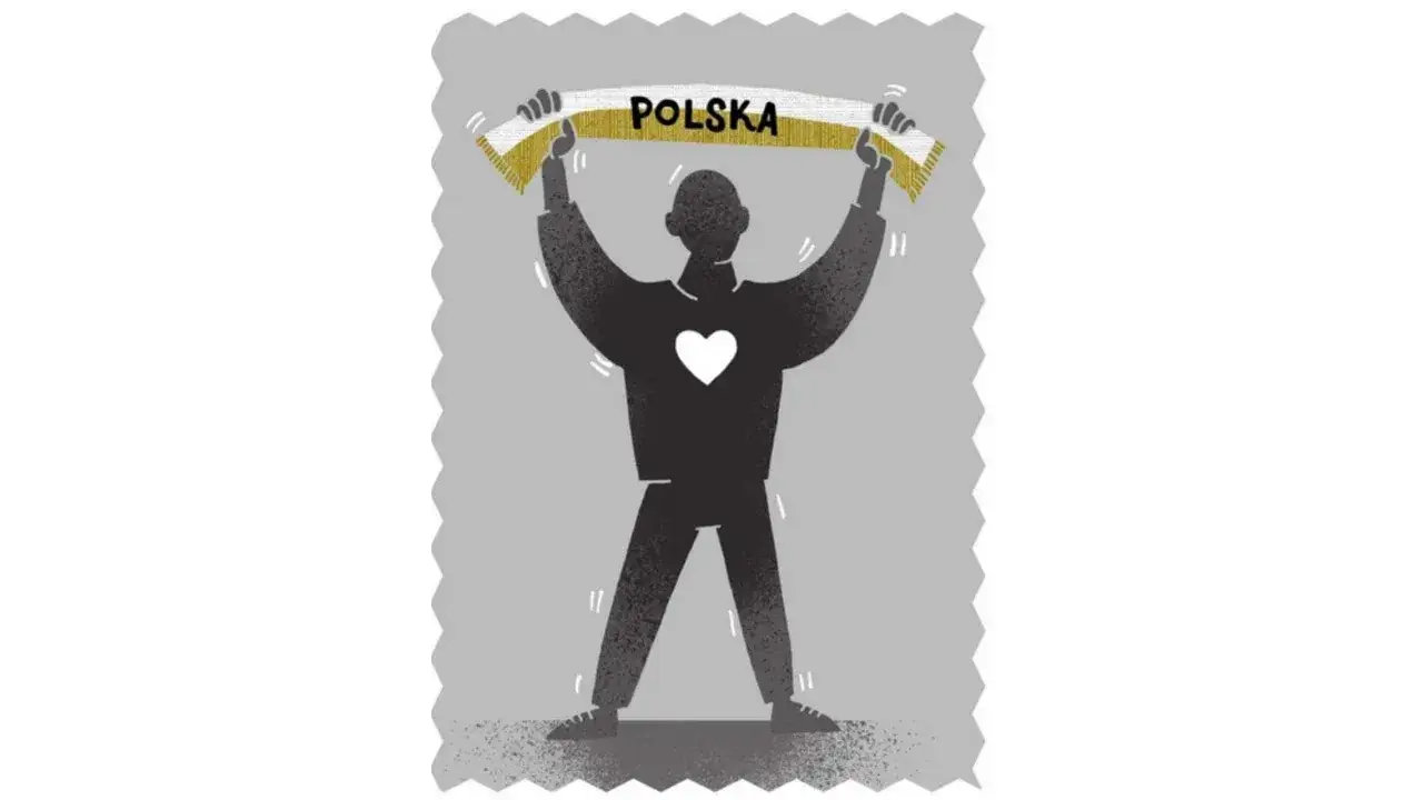 Sylwetka kibica z sercem na piersi trzyma szalik z napisem POLSKA, symbolizujący dumę z kraju i jego znane kluby piłkarskie.
