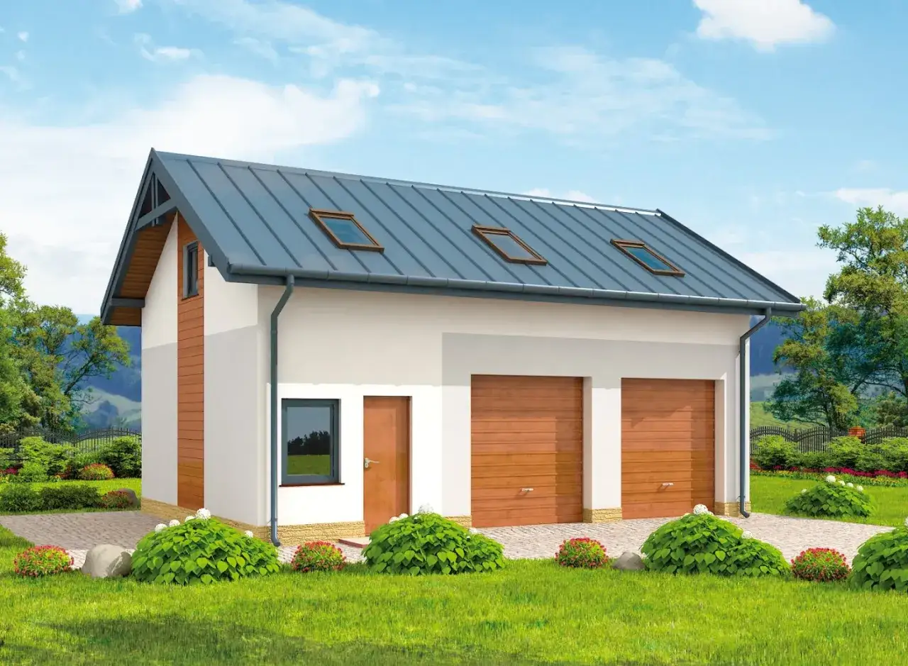 Nowoczesny garaż z poddaszem, dwustanowiskowy, z drewnianymi bramami i oknami dachowymi.