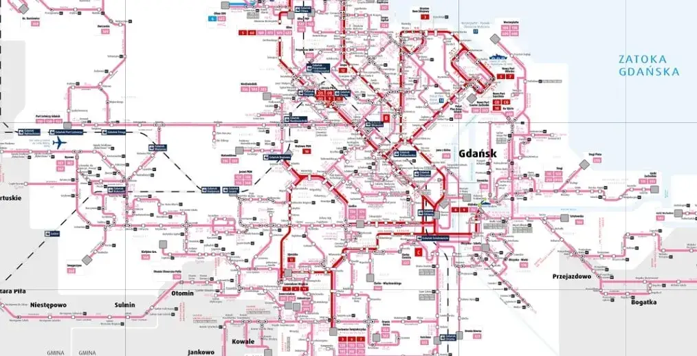 Mapa połączeń transportu publicznego lotnisko Gdańsk