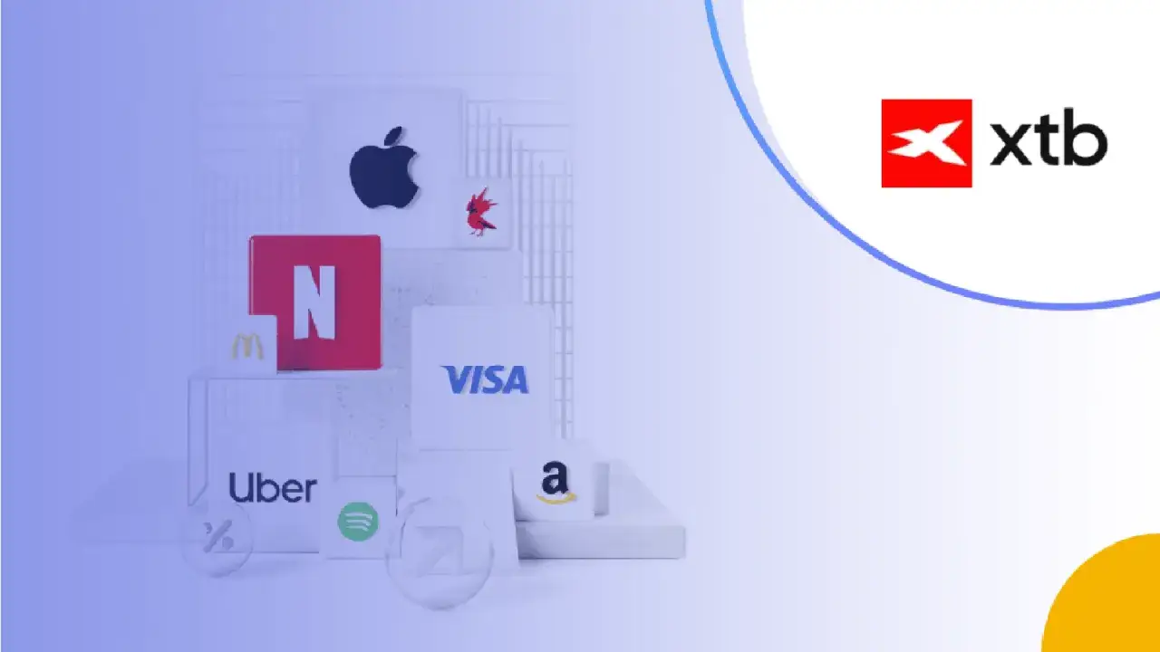 Logo XTB obok ikon znanych marek (Apple, Netflix, McDonald's, Visa, Uber, Amazon, Spotify) symbolizuje inwestowanie w globalne firmy. Poziom depozytu XTB jest kluczowy dla Twoich inwestycji.