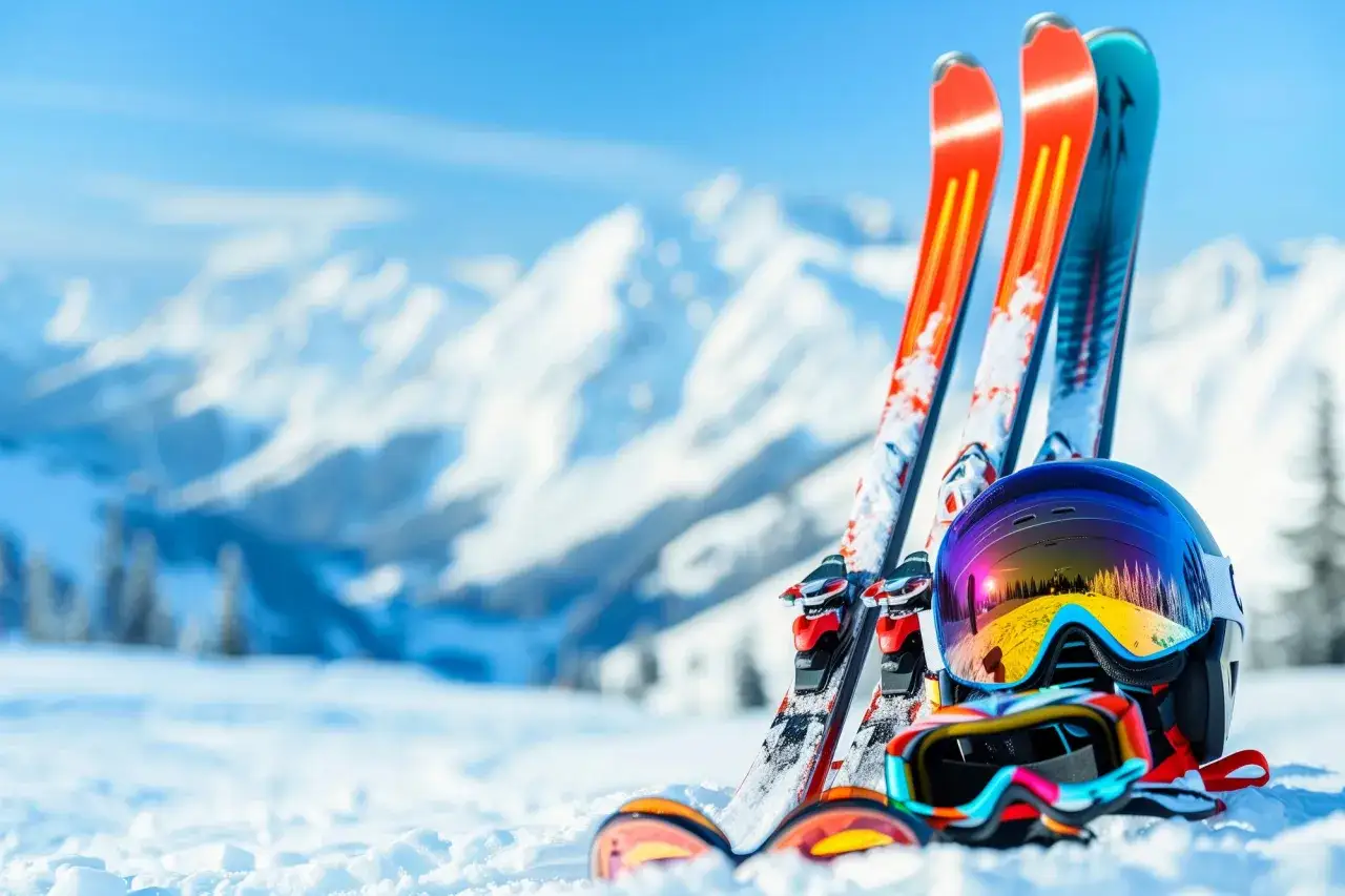 Narty dla średniozaawansowanych, kask i gogle narciarskie na tle ośnieżonych gór. Gotowi na zjazd!