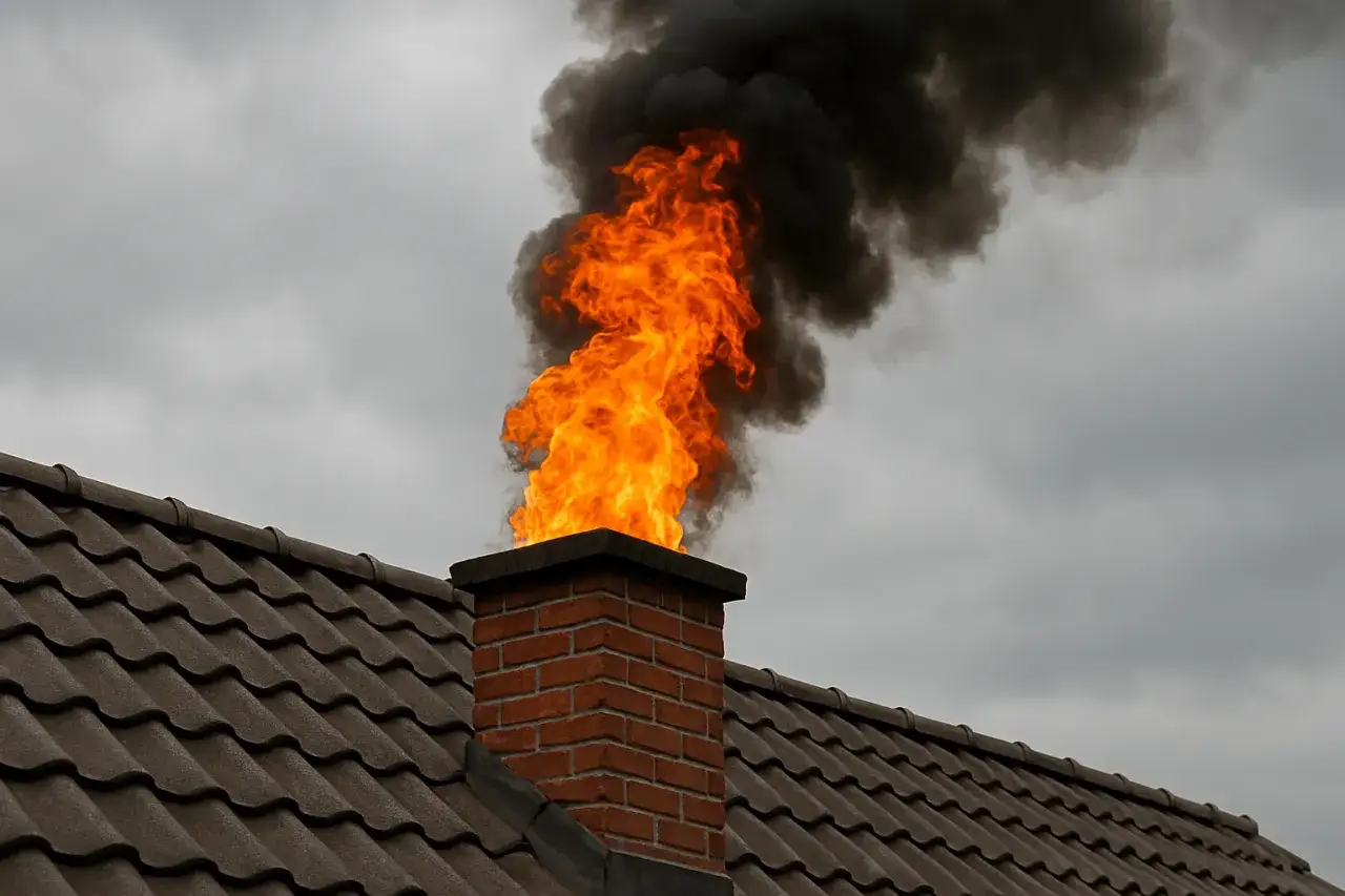 Płomienie buchają z komina, unosząc czarny dym. Czy mąka ziemniaczana czyści komin? Raczej nie, to groźny pożar.