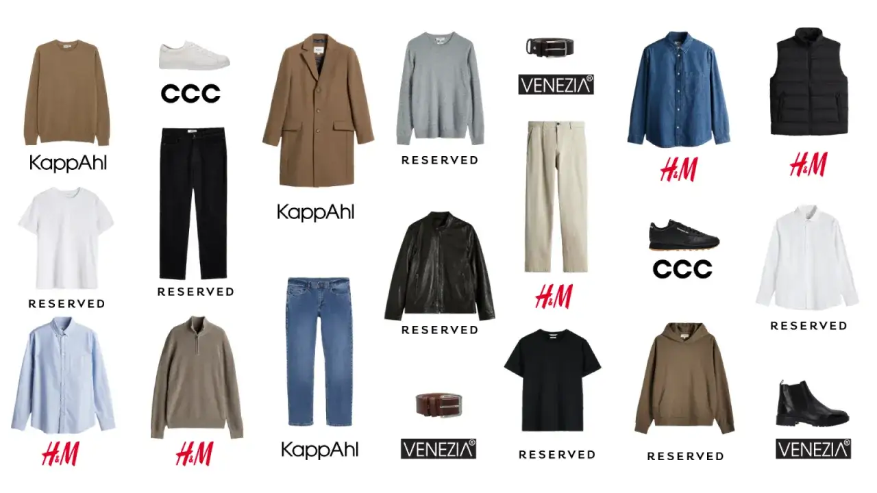 Stylizacje na jesień: płaszcz, swetry, koszule, kurtka skórzana, spodnie, jeansy, kamizelka, t-shirty, bluza, buty i paski.