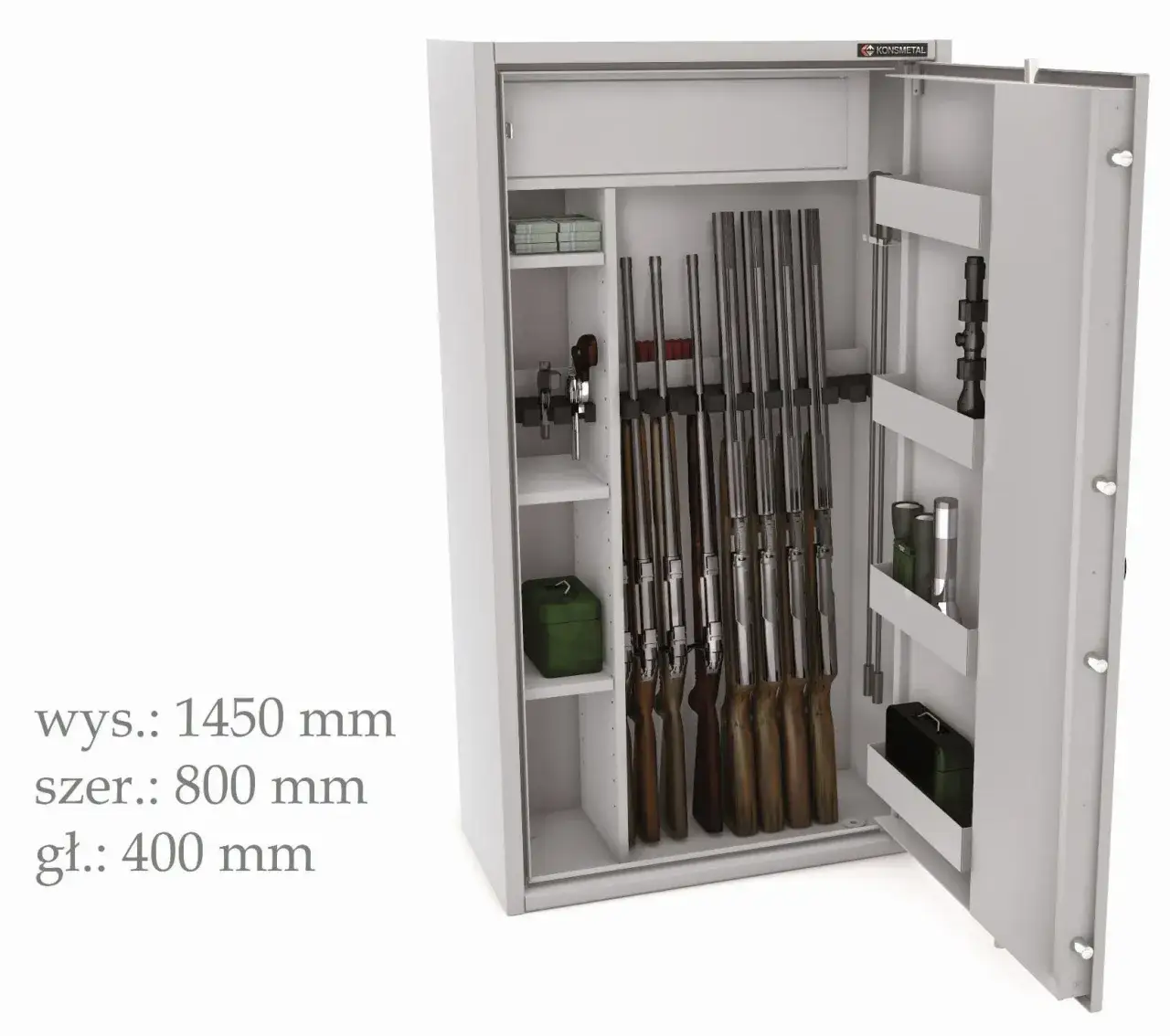 Sejf na broń klasy S1, otwarty, z bronią w środku