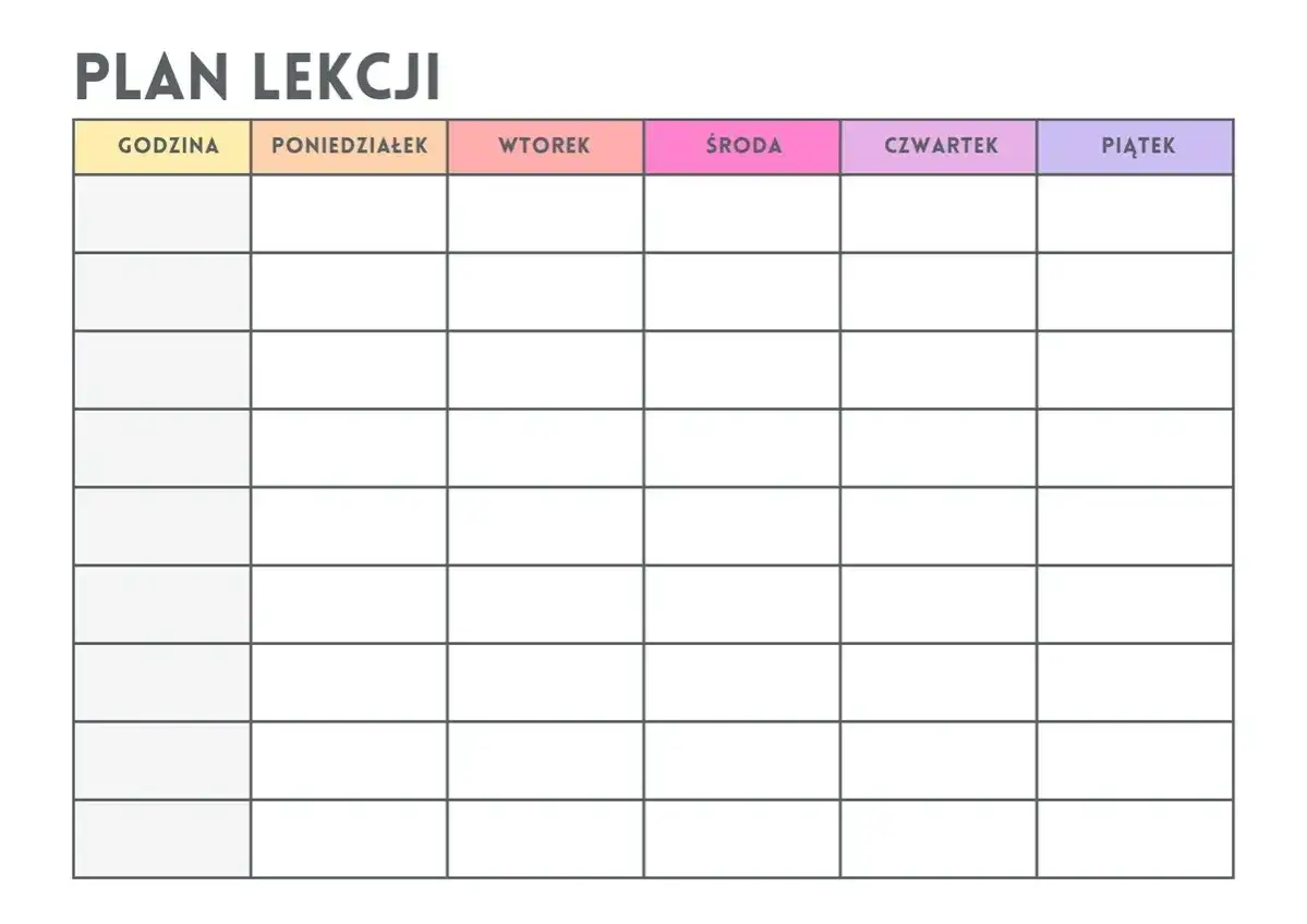 Pusty plan lekcji z polami na wpisanie przedmiotów, jakie przedmioty są w szóstej klasie.