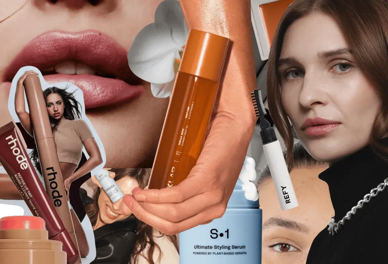 Odkryj tajemnicę egzotycznej urody popularnej influencerki z Polski. Collage z kosmetykami i fragmentami twarzy.
