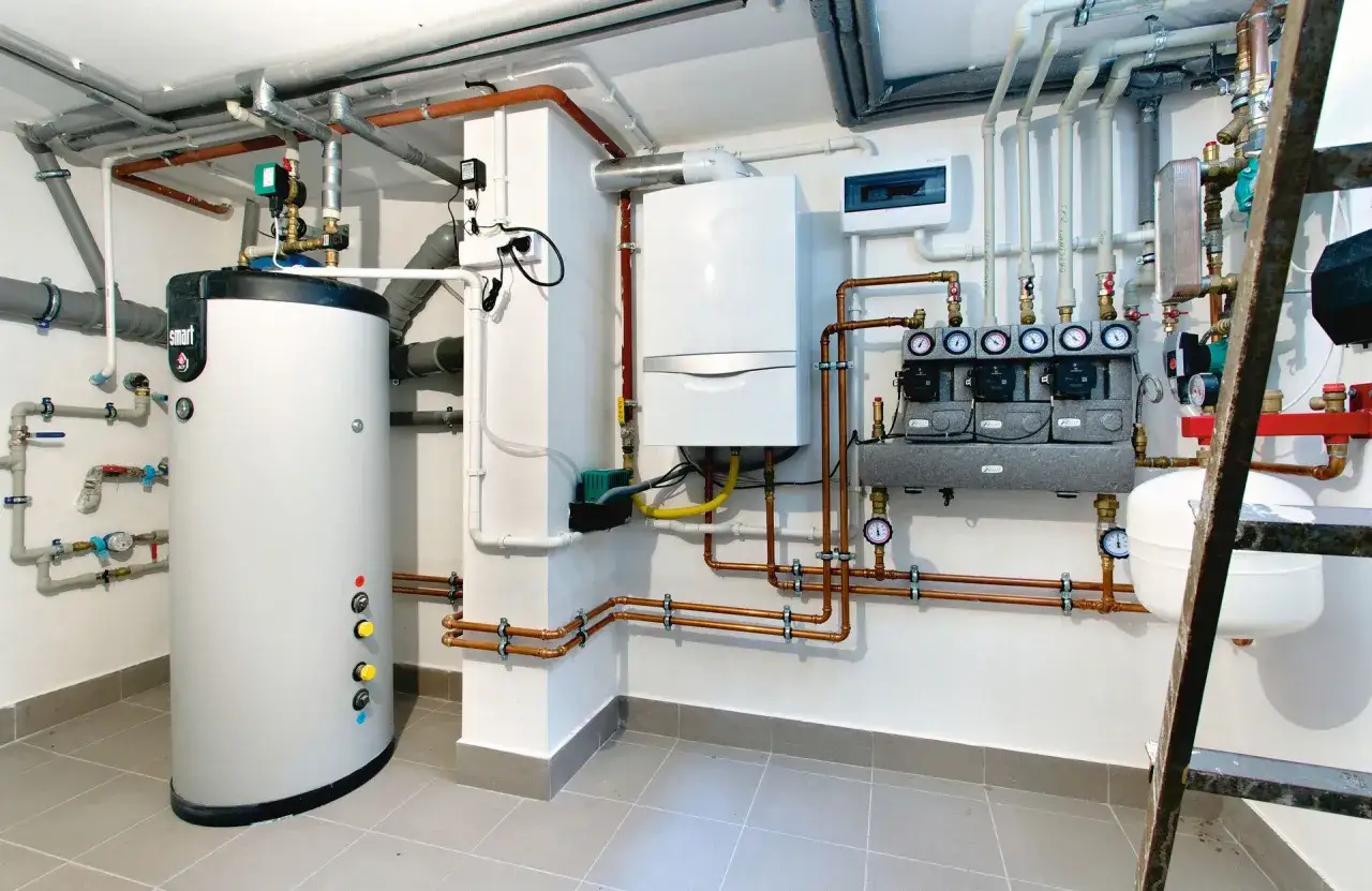 Kotłownia z nowoczesnym piecem gazowym i zasobnikiem. Prawda o rzekomym zakazie ogrzewania domów gazem w nowych przepisach budowlanych.