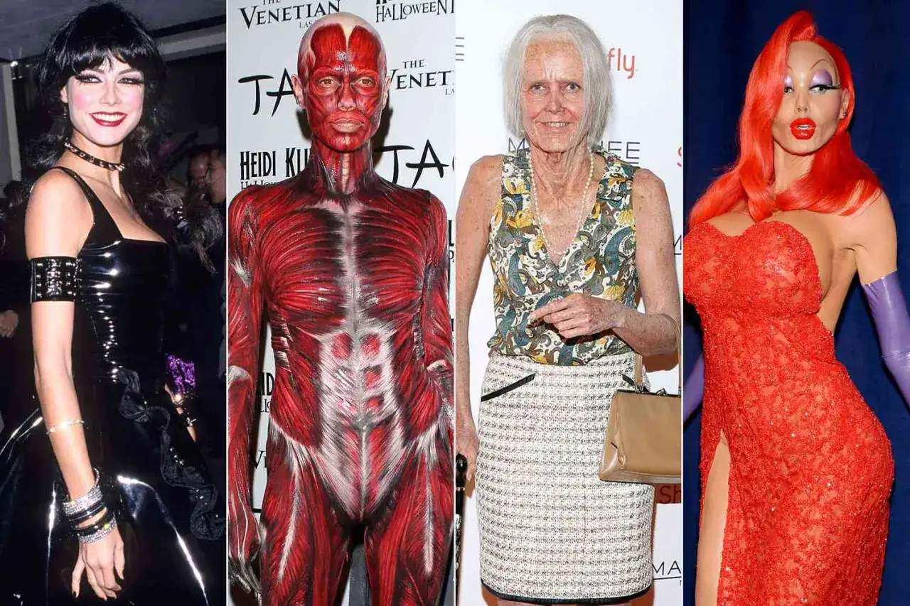 Kolekcja niesamowitych kostium&oacute;w na Halloween od Heidi Klum: od wampirzycy, przez ludzkie mięśnie, po staruszkę i Jessicę Rabbit.