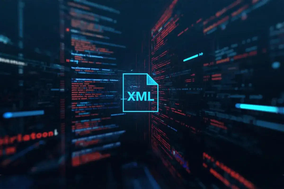 Ikona pliku XML na tle kodu. Dowiedz się, xml czym otworzyć, aby przetwarzać dane.