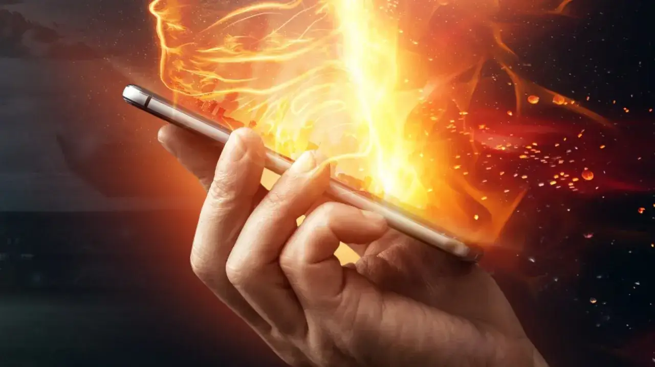 Dłoń trzyma smartfon otoczony płomieniami. Upewnij się, że utrzymujesz bezpieczną temperaturę telefonu, aby uniknąć przegrzania.