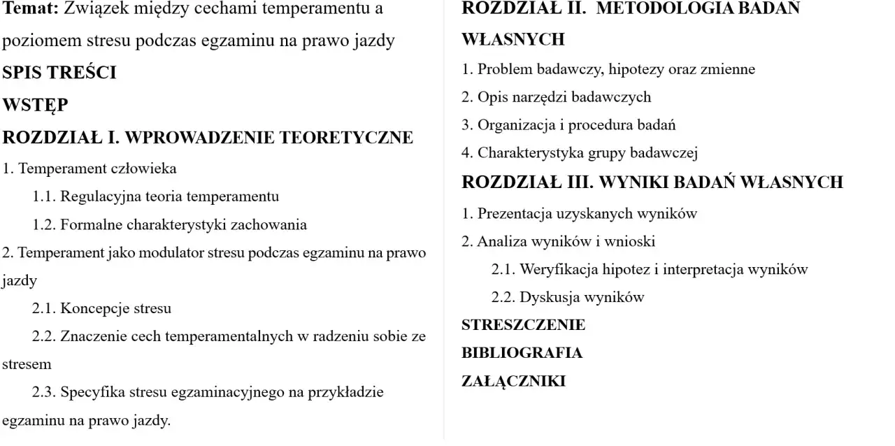 Konspekt pracy naukowej o związku temperamentu ze stresem na egzaminie na prawo jazdy. Rozdziały obejmują wprowadzenie, metodologię, wyniki, streszczenie i bibliografię.