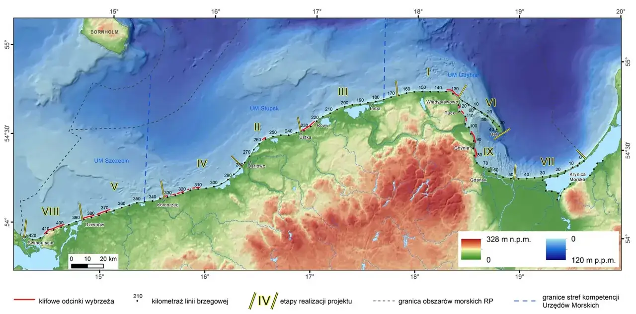 Mapa pokazuje polskie wybrzeże Bałtyku z zaznaczonymi odcinkami klifowymi i kilometrażem. Długość polskiej linii brzegowej jest tu przedstawiona w kontekście etapów realizacji projektu.