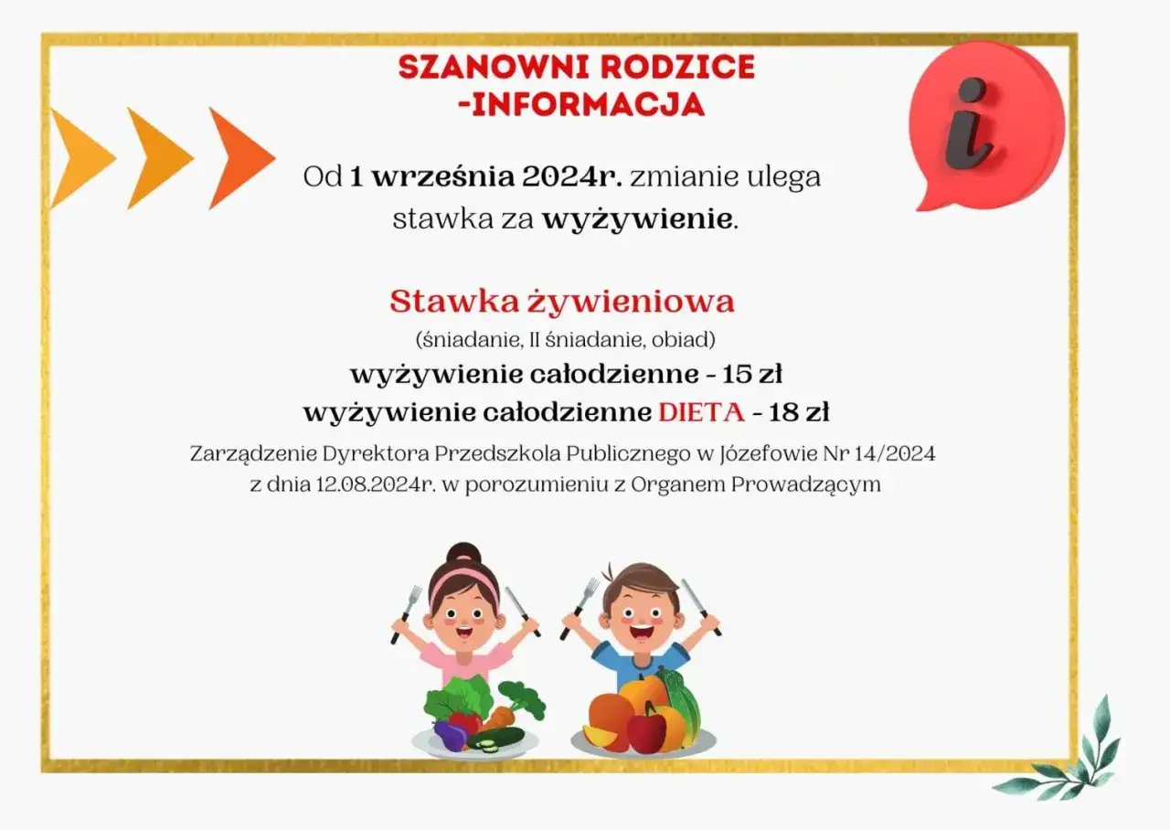 Od 1.09.2024r. zmieni się stawka za wyżywienie w przedszkolu: całodzienne 15 zł, dieta 18 zł.
