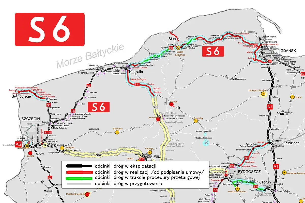 Mapa S6. Odległość ze Szczecina do Kołobrzegu to ok. 150 km. Zobacz, które odcinki są w budowie.