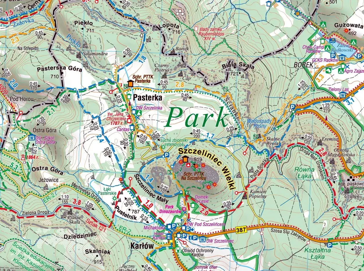 Mapa turystyczna G&oacute;r Stołowych. Znajdź nocleg w Karłowie, Pasterce lub na Szczelińcu Wielkim.