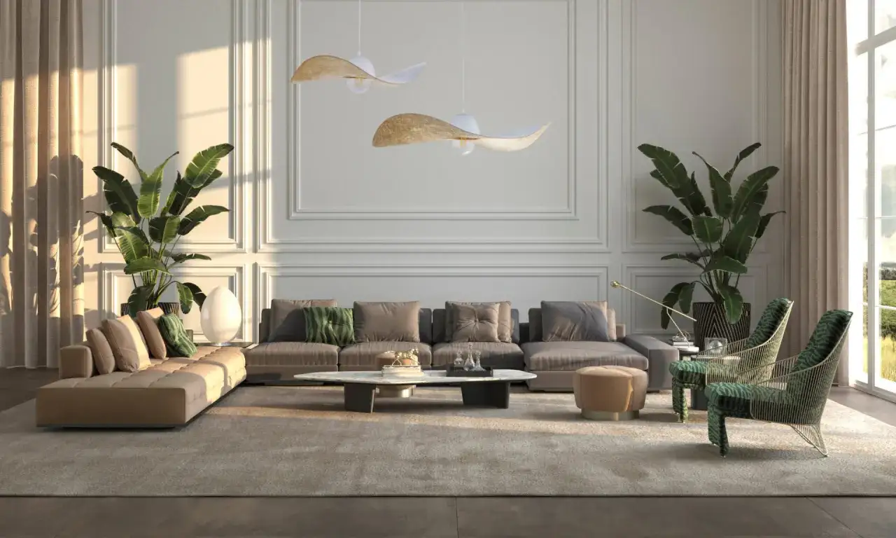 Eleganckie oświetlenie wysokiego salonu podkreśla nowoczesny design, z dwoma wiszącymi lampami i dużymi roślinami.