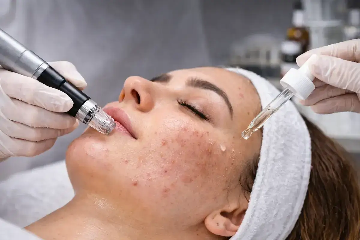 Profesjonalne zabiegi pielęgnacyjne na twarz: mikronakłuwanie sk&oacute;ry i aplikacja serum.