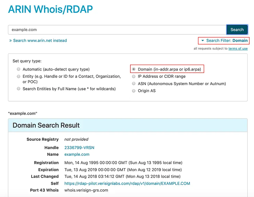WHOIS database interface example