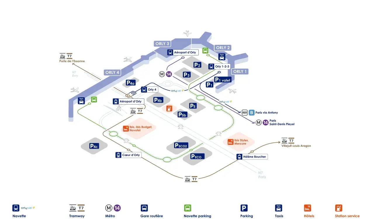 Mapa pokazuje, ile lotnisk ma Paryż: lotnisko Orly z terminalami 1-4, połączone tramwajem T7 i metrem M14.