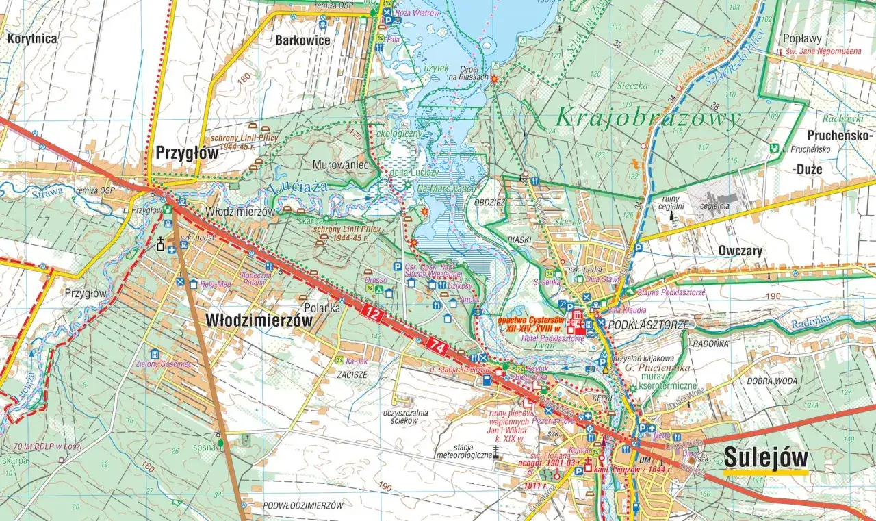 Mapa turystyczna z zaznaczonymi trasami rowerowymi w okolicach Sulejowa i Włodzimierzowa.