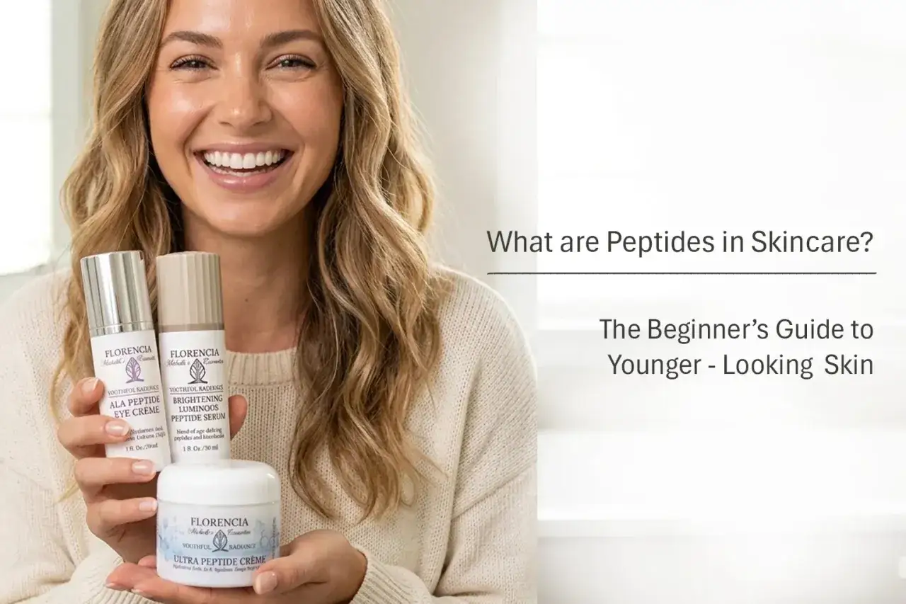 Uśmiechnięta kobieta prezentuje kosmetyki z peptydami. Dowiedz się, co to peptydy i jak działają na sk&oacute;rę.