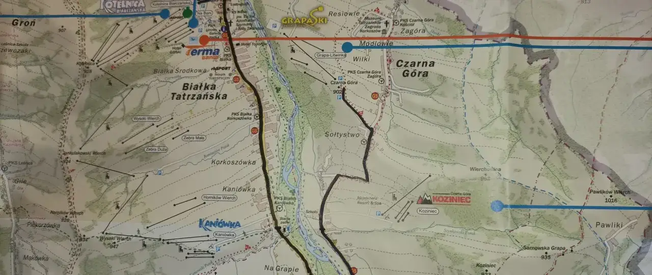 Mapa turystyczna z zaznaczonym ośrodkiem narciarskim Kotelnica Białczańska, Środkowa i Białka Tatrzańska. Widoczne stoki, wyciągi i szlaki.