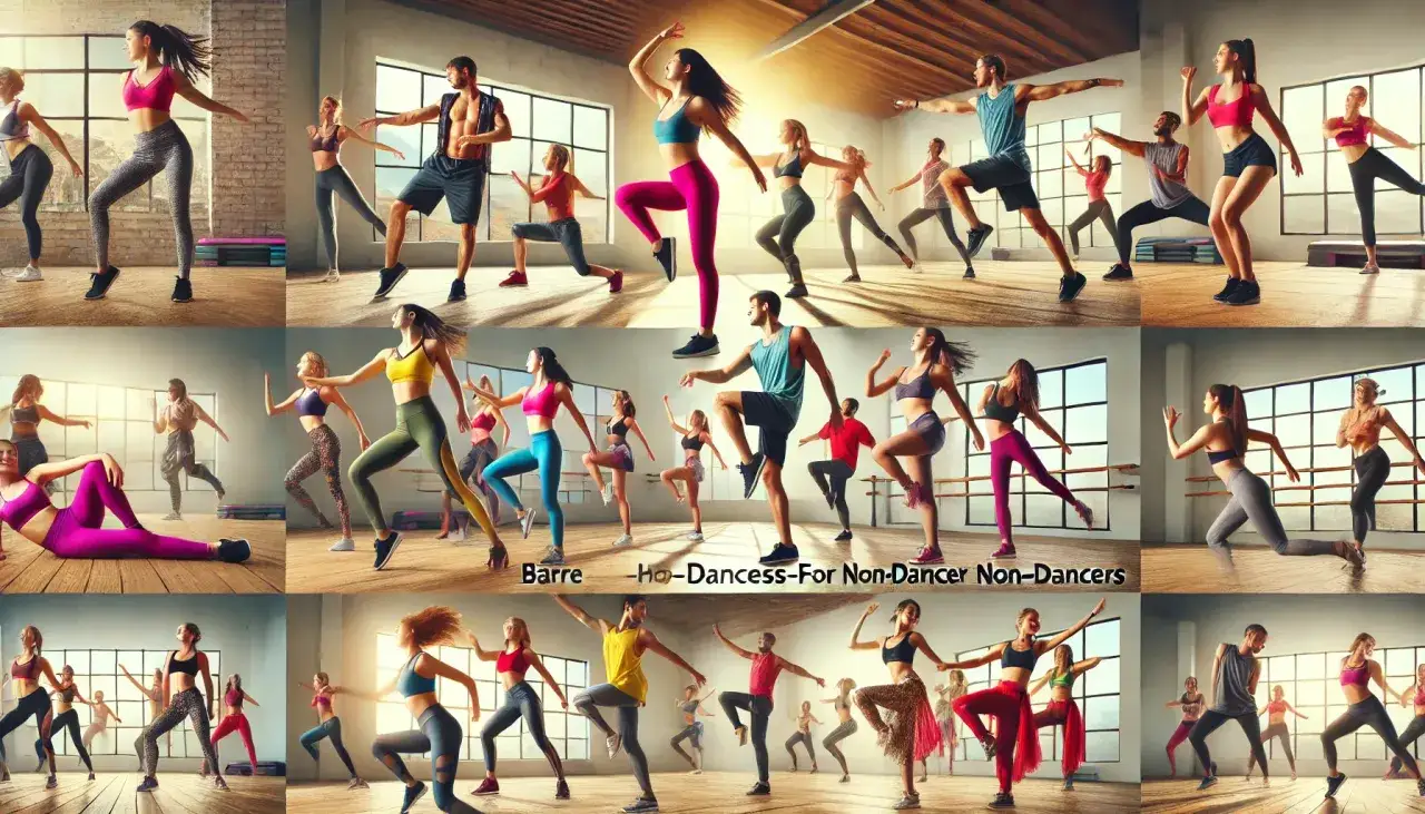 Grupa os&oacute;b ćwiczy r&oacute;żne rodzaje tańca solo w sali.