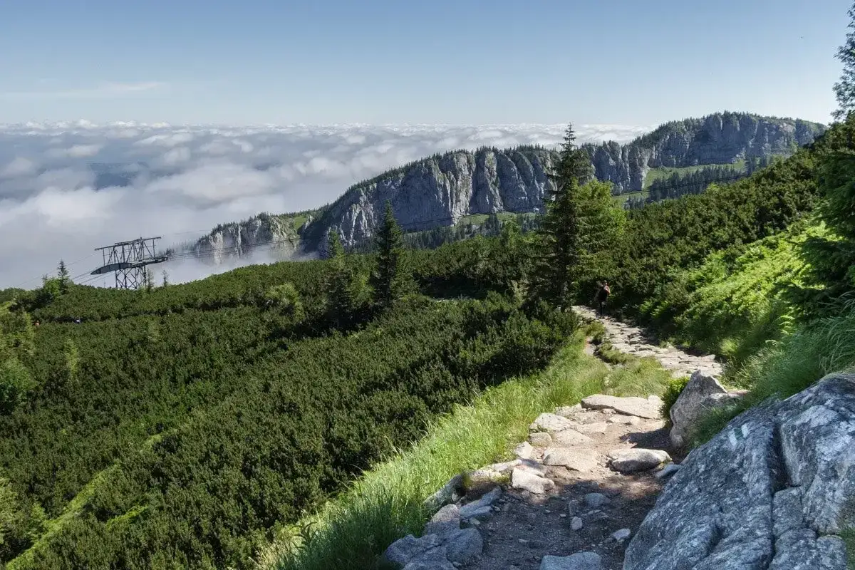 Kamienista ścieżka prowadzi przez zielone zbocza ku skalistym szczytom. W oddali widać morze chmur i konstrukcję kolejki na Kasprowy Wierch.