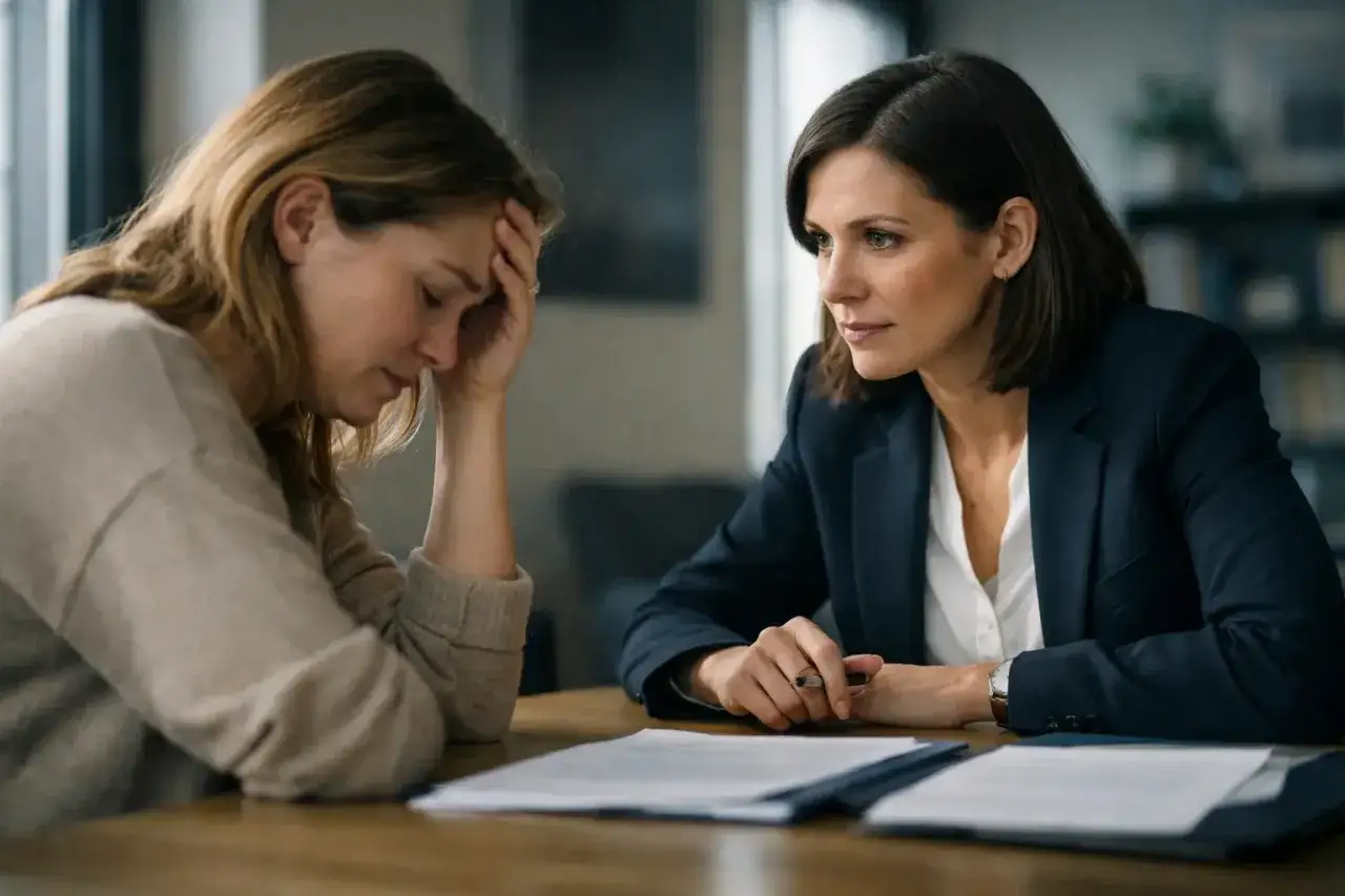 Kobieta w stresie rozmawia z prawniczką o odrzuceniu spadku i kolejności dziedziczenia.
