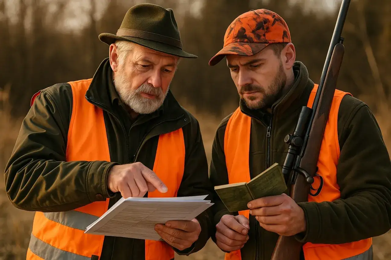 Dwóch myśliwych w kamizelkach odblaskowych analizuje dokumenty i książeczkę. Czy myśliwy ma obowiązek poinformować o polowaniu?