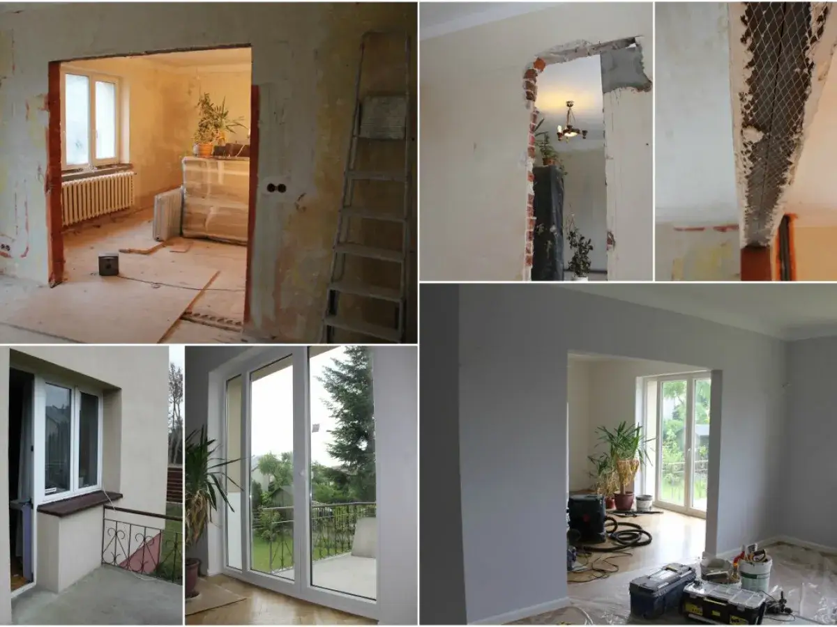 Remont mieszkania: wyburzenie ściany, prace budowlane, malowanie. Widać postęp prac, od zniszczeń po przygotowanie do wykończenia.