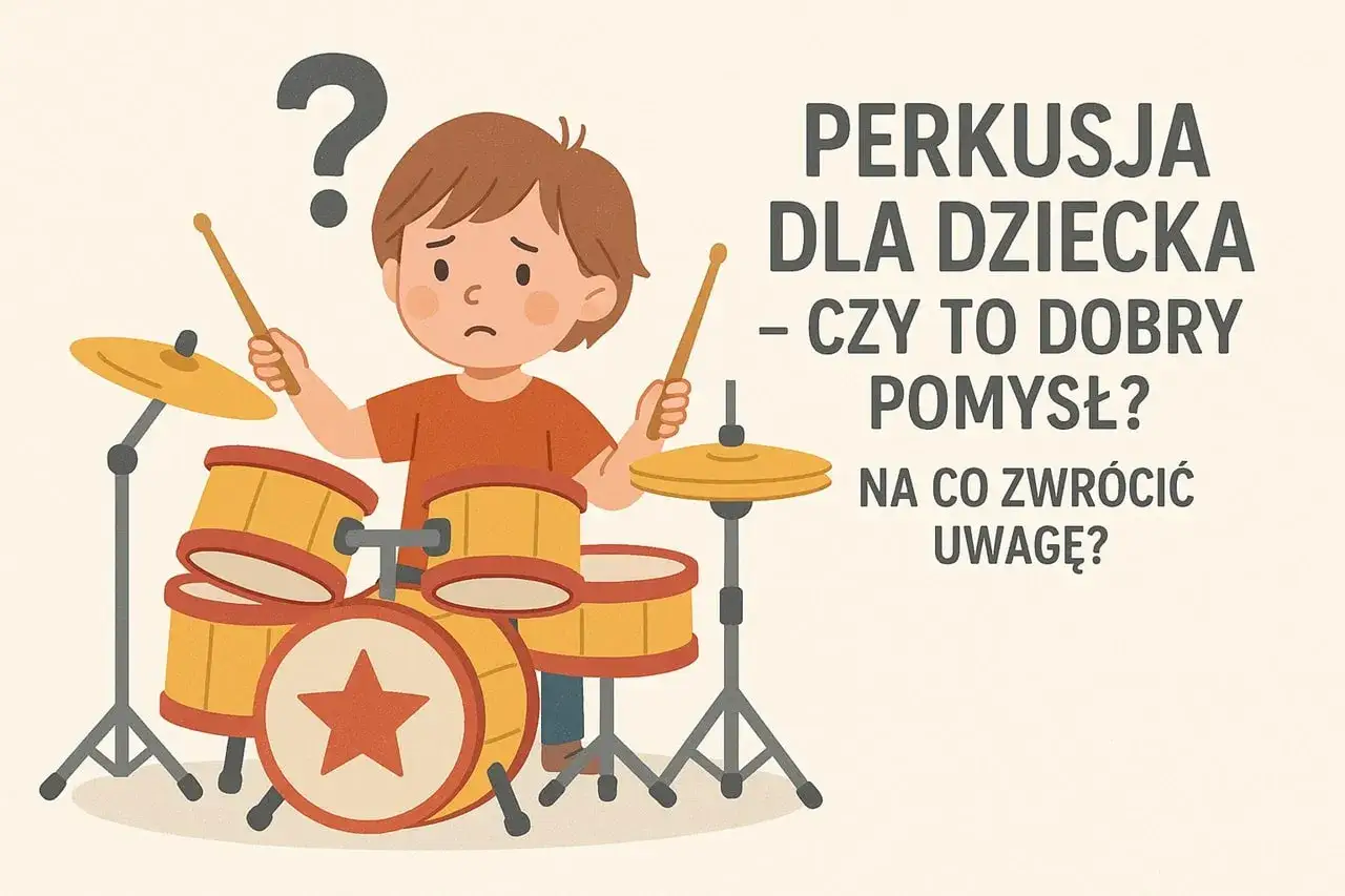Zamyślony chłopiec z pałeczkami przy mini perkusji dla dzieci. Czy to dobry pomysł?