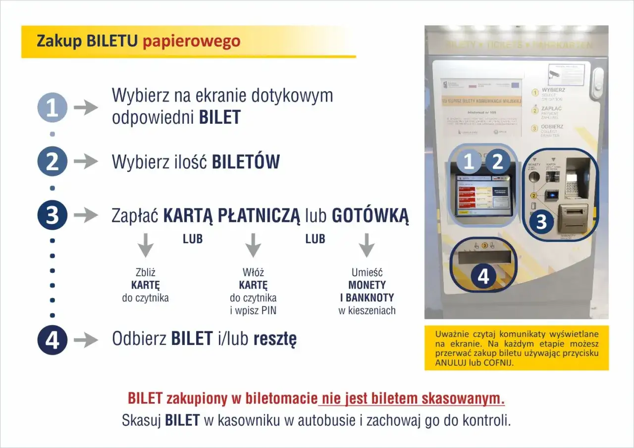 Instrukcja zakupu biletu w biletomacie: wybierz bilet, ilość, zapłać kartą lub gotówką, odbierz bilet. To Twój rozkład jazdy MZK Opole.