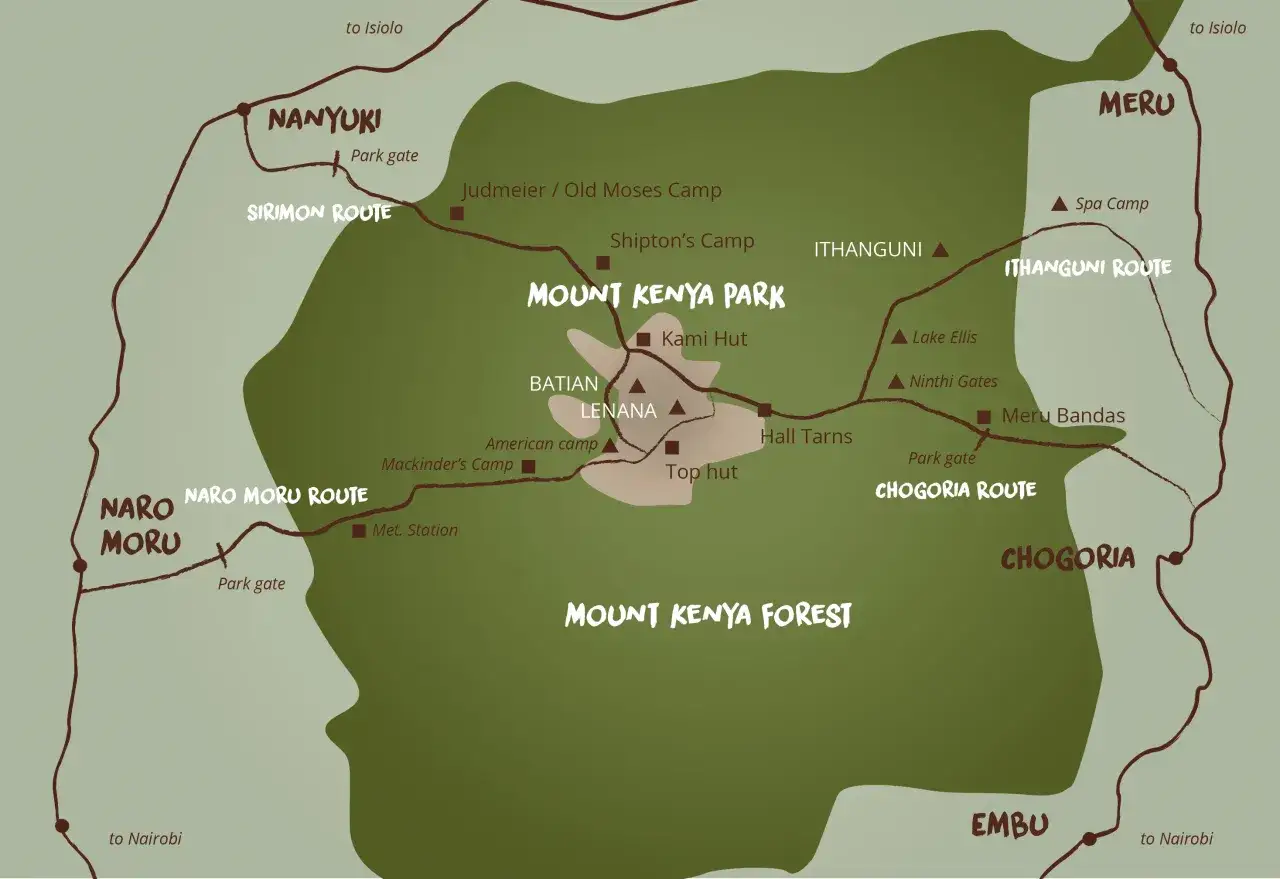 Mapa Parku Narodowego Góry Kenii z trasami Sirimon, Naro Moru, Chogoria i Ithaguni.