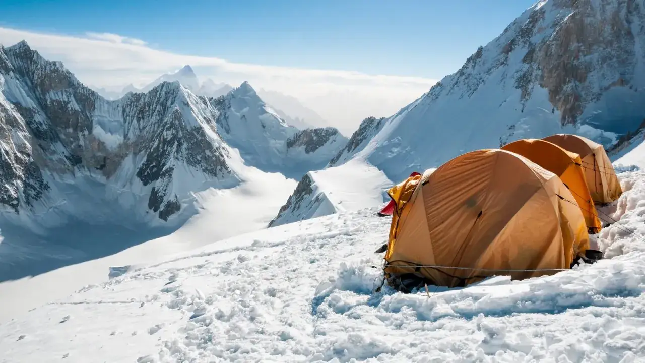 Namioty na śniegu, w tle majestatyczne, ośnieżone szczyty. Czy warto brać udział w komercyjnych wyprawach na ośmiotysięczniki?