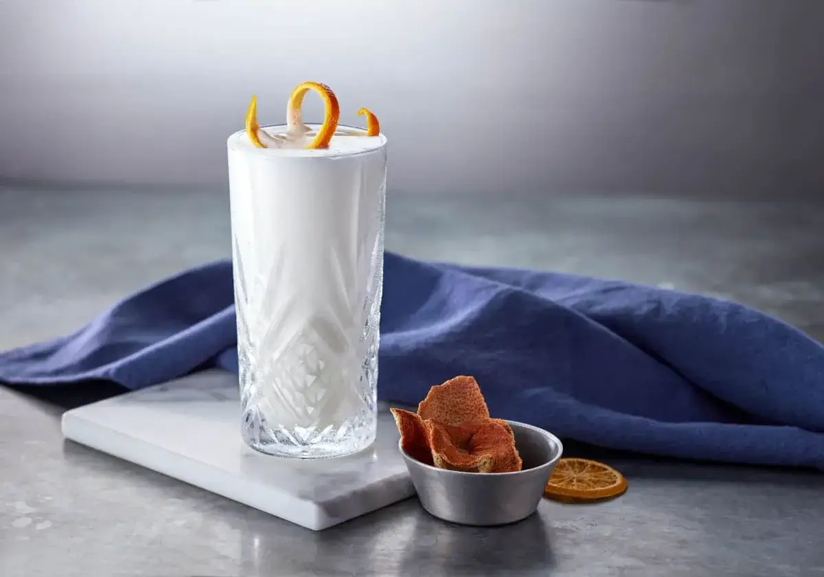 Orzeźwiający gin fizz drink z pianką i ozdobą ze skórki pomarańczy, obok miseczka z suszoną skórką i plasterkiem pomarańczy.