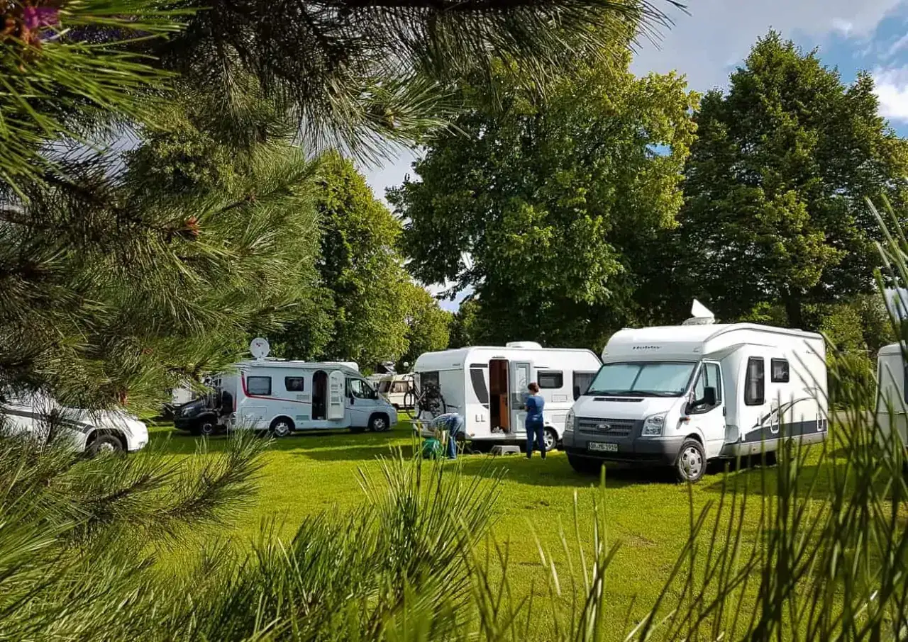 Kilka kamperów zaparkowanych na zielonej trawie, otoczonych drzewami. Ludzie krzątają się przy jednym z kamperów, przygotowując się do podróży.