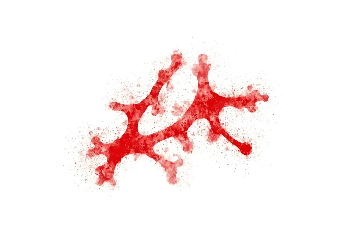 Czerwony, rozgałęziony kształt przypominający kom&oacute;rkę lub strukturę tkanki, symbolizujący eozynofile podwyższone.