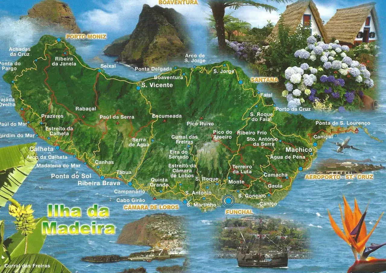 Mapa turystyczny wyspy Madera, pokazujący gdzie jest Madera i jej gł&oacute;wne atrakcje, takie jak Funchal, Santana i Porto Moniz.
