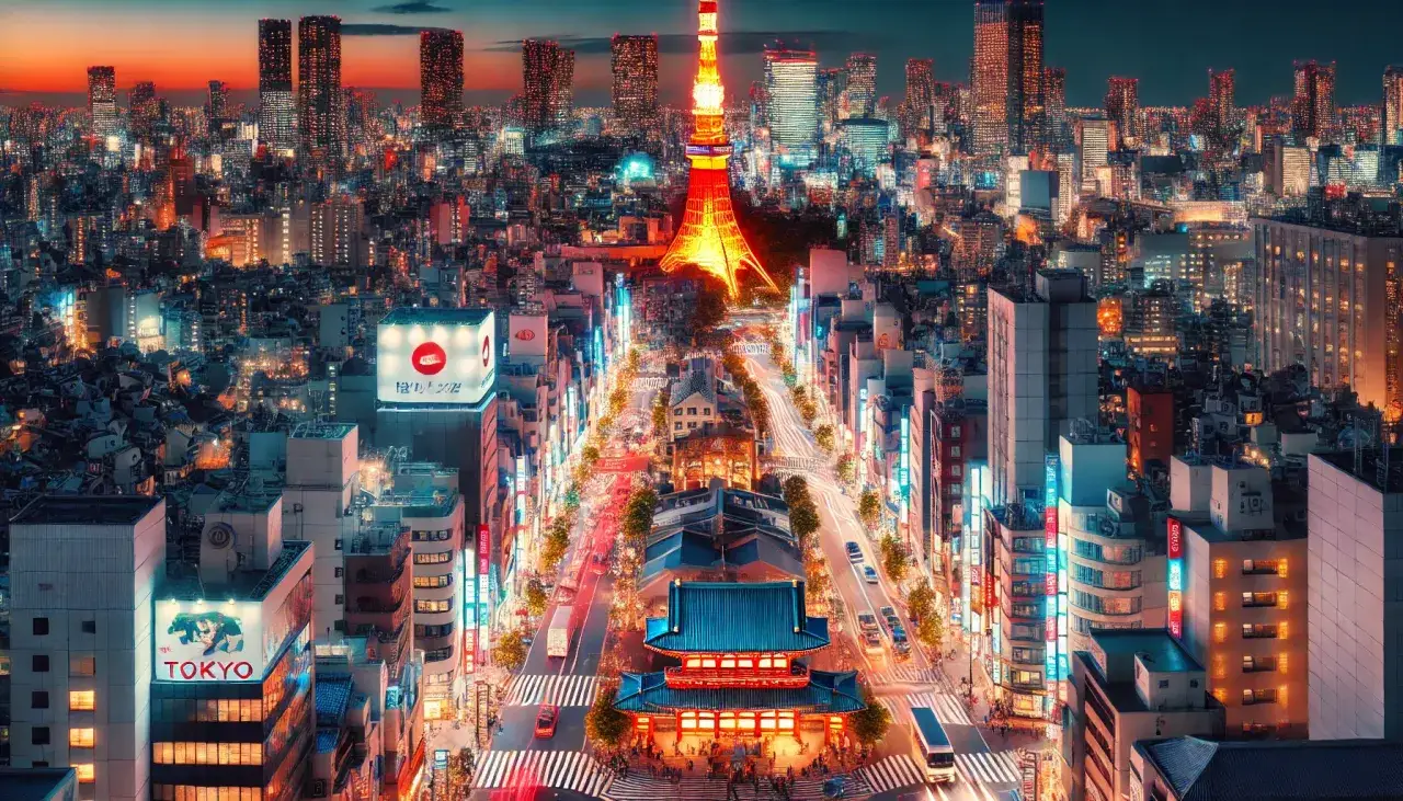 Nocne Tokio, z wieżą Tokyo Tower w tle i tradycyjną świątynią na pierwszym planie. Warto zobaczyć w Tokio to miasto pełne świateł i kontrastów.