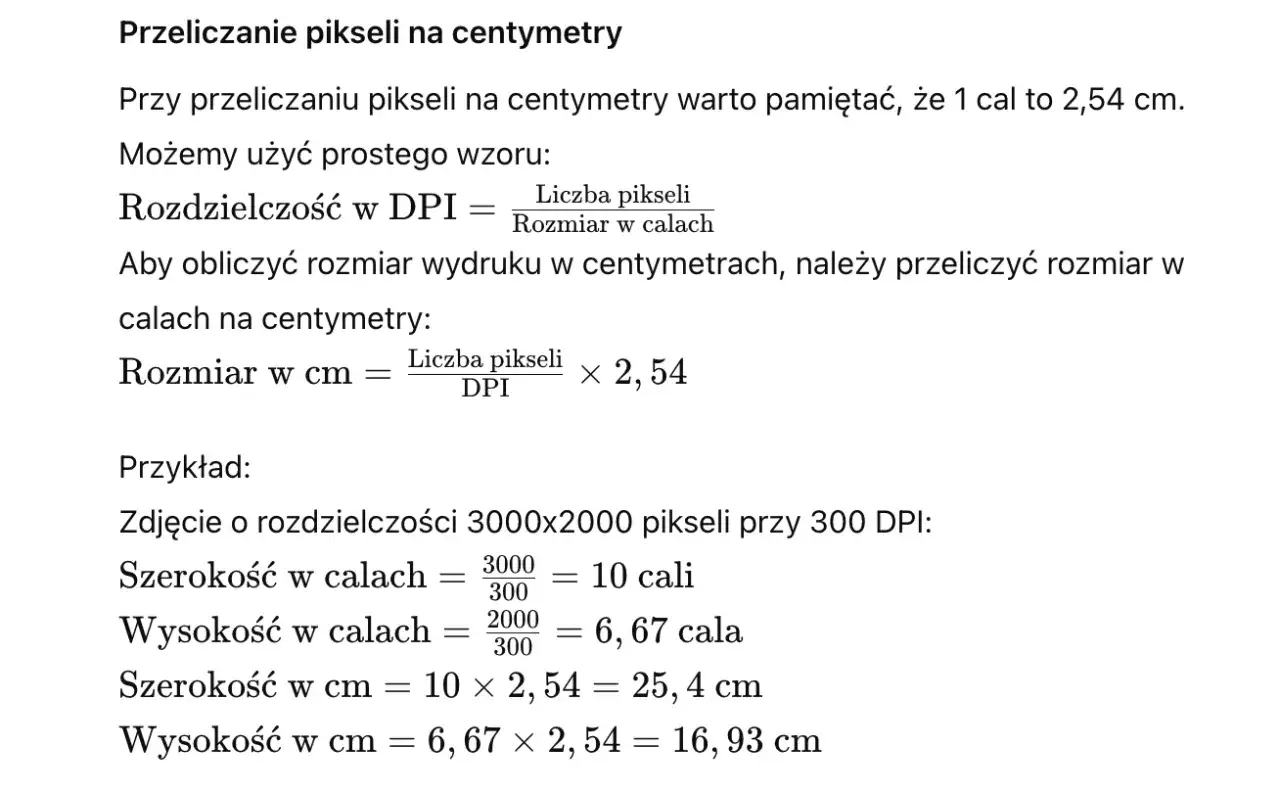 Przeliczanie pikseli na cm przy 300 DPI. Wzory i przykład obliczeń dla zdjęcia 3000x2000 px.