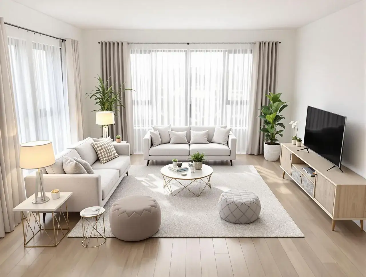 Jasny salon z sofami, stolikami i telewizorem. Okna zasłonięte firankami, światło wpada prostopadle do okna, tworząc cień na podłodze.
