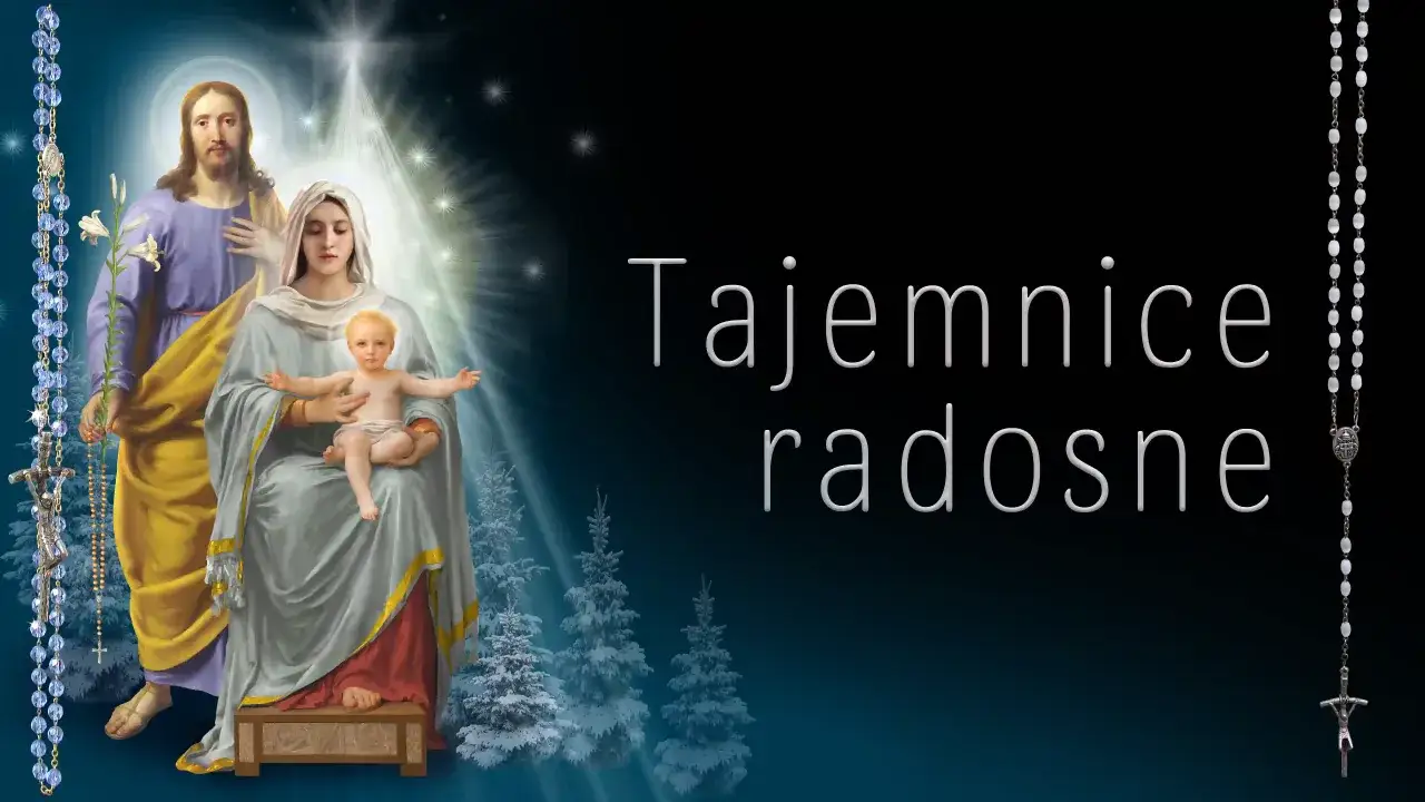Święta Rodzina z Dzieciątkiem Jezus, otoczona blaskiem, z różańcami po bokach. Obraz przywołuje wszystkie tajemnice różańca.