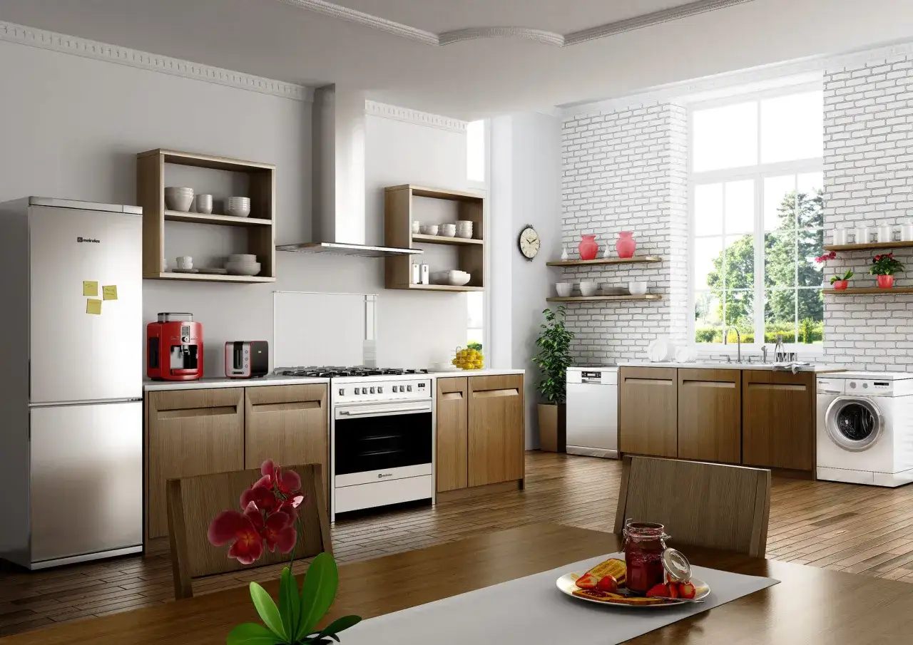 Cocina moderna con horno, nevera, lavavajillas y lavadora. Estantes de madera y pared de ladrillo blanco.