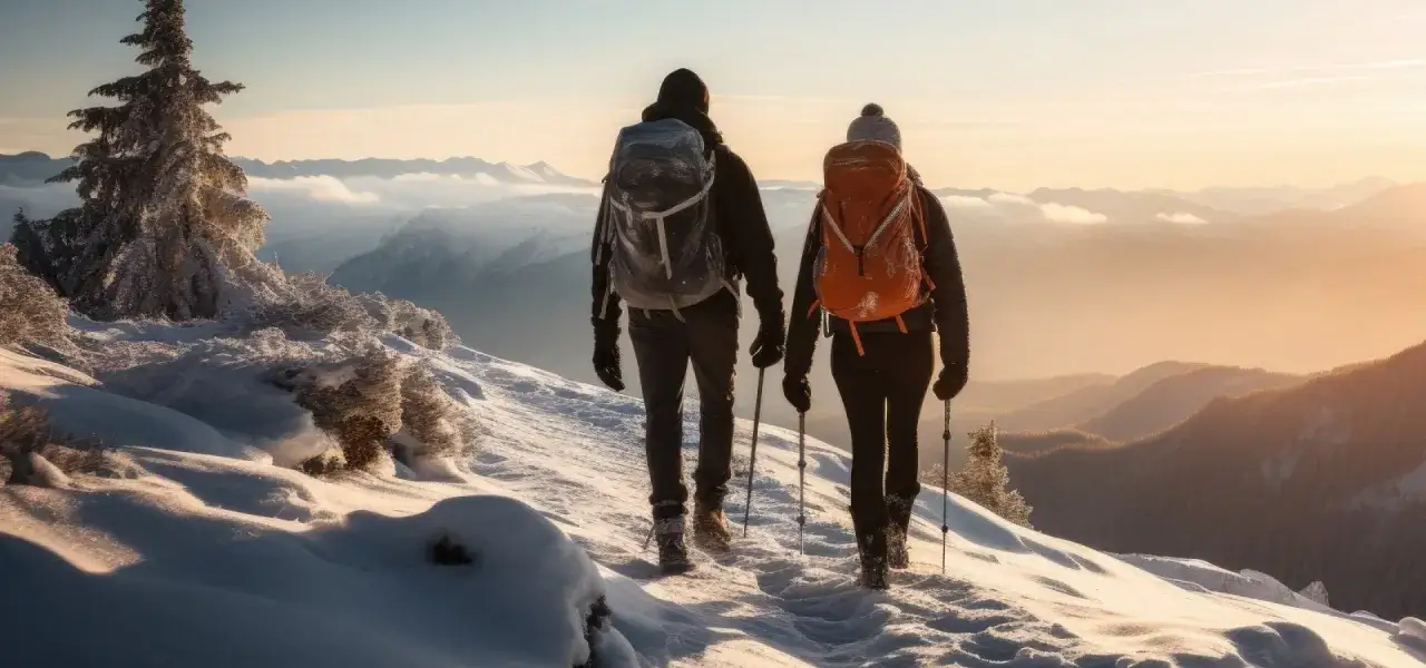 Para turyst&oacute;w wędruje po ośnieżonych szlakach, podziwiając zimowy krajobraz Tatr w maju. Słońce zachodzi, malując niebo ciepłymi barwami.